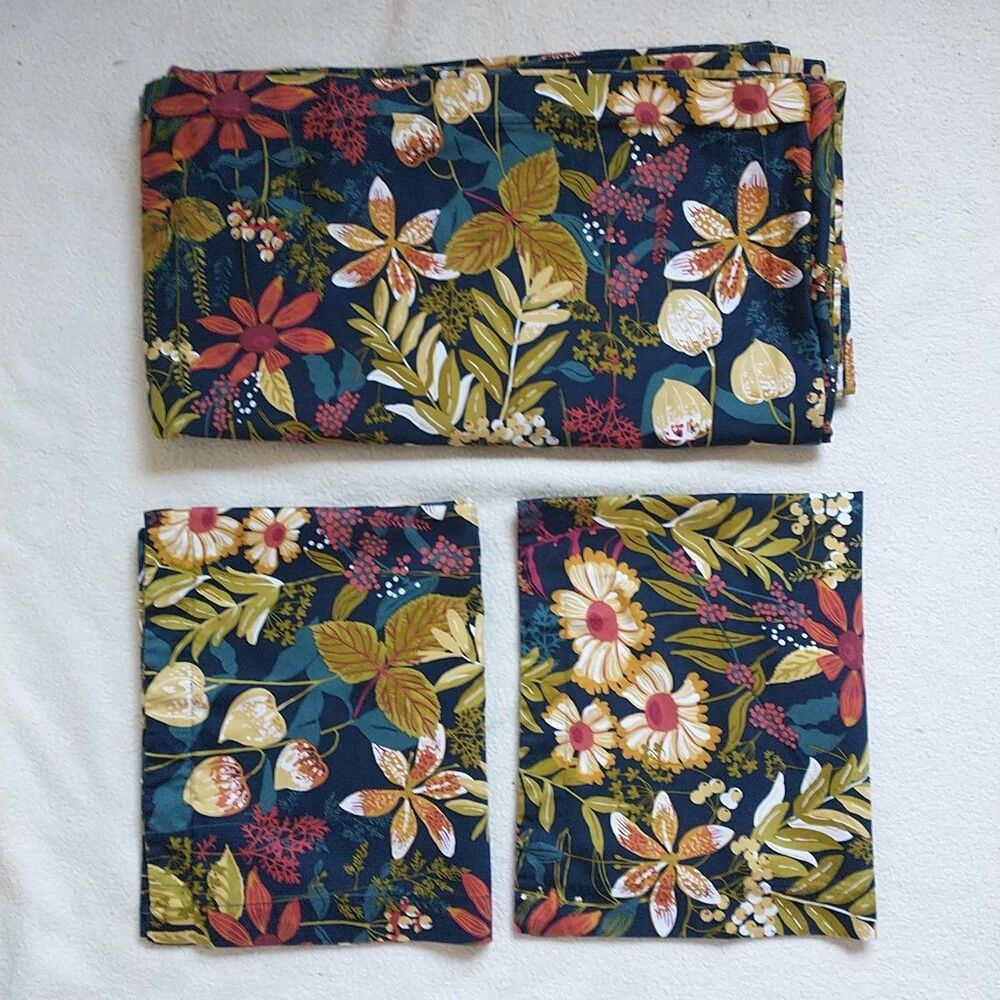 The Company Store Queen Duvet Cover Pillow Sham Set Blue Floral Cotton Sateen